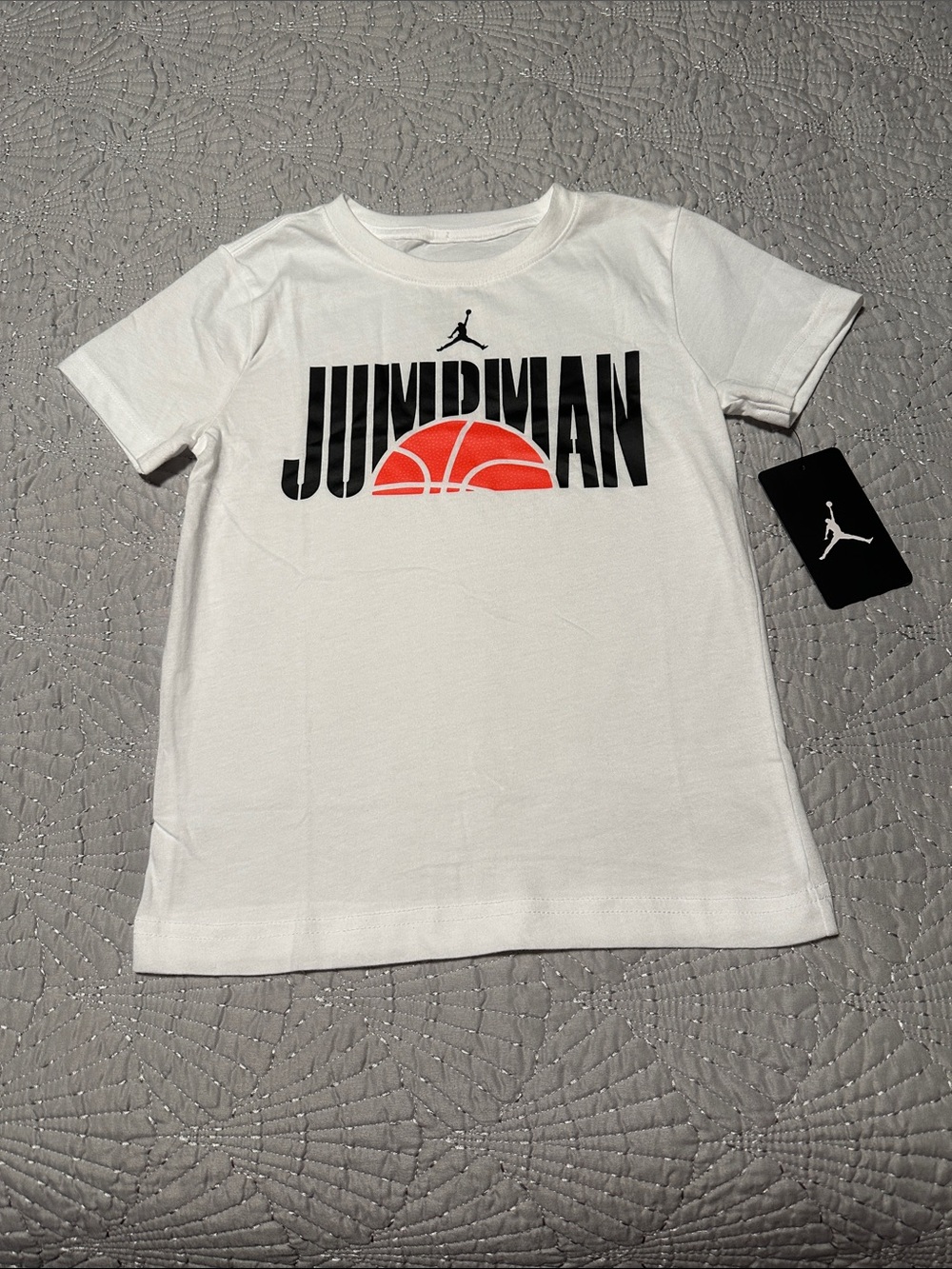 Jordan White Tee with Black 'Jumpman' Logo, NWT’s, Size 7